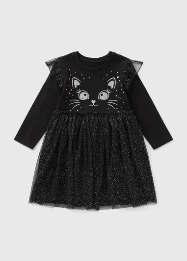 Girls Black Cat Mesh Dress (1-7yrs) | Matalan (UK)