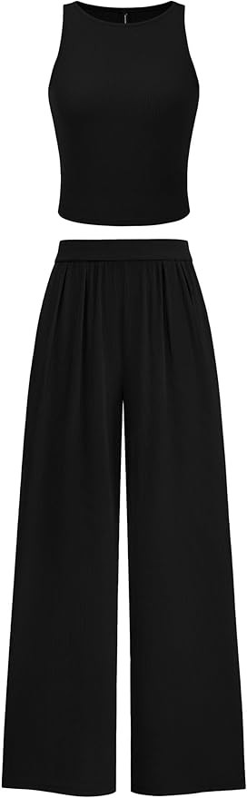 PRETTYGARDEN Spring Two Piece Sets For Women 2025 Ribbed Knit Crew Neck Sleeveless Tank Tops Wide... | Amazon (US)