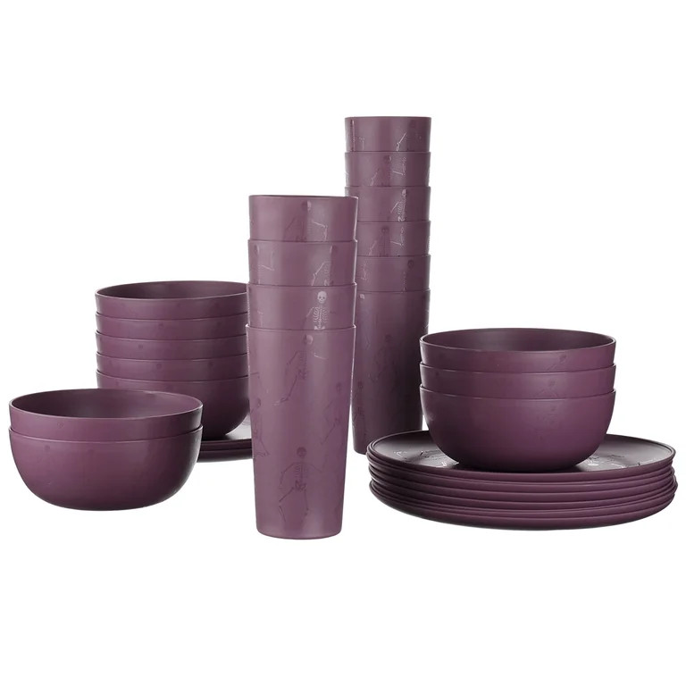 Mainstays 30-Piece Plastic Etched Dancing Skeletons Dinnerware Set, Purple | Walmart (US)