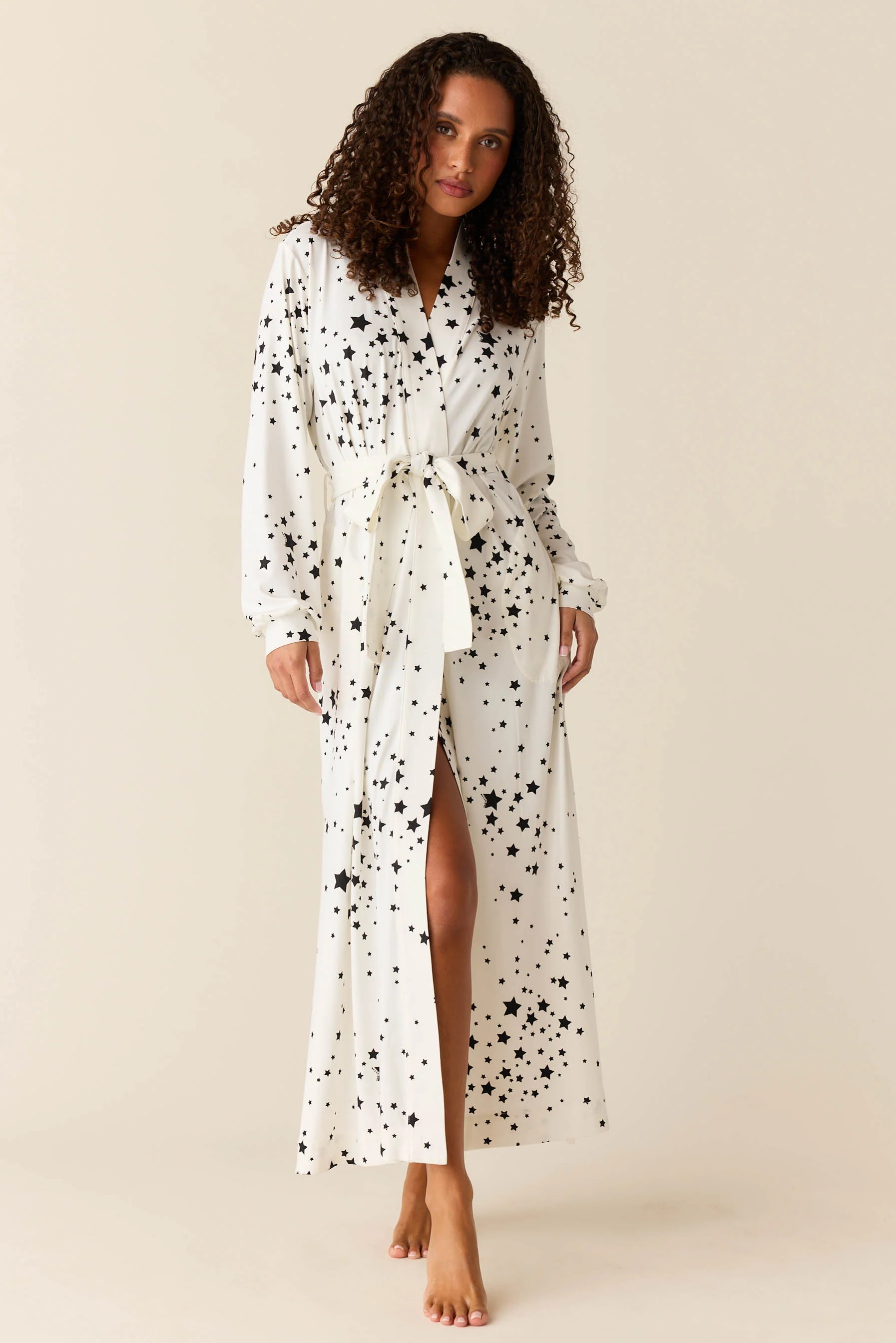 Skyler Cloud Jersey Banded Long Robe in White Stars | MASONgrey