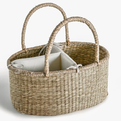 Quincry Premium Wicker Baby Diaper Caddy Organizer, Woven Seagrass Basket with Handles, Diaper Basket with Dividers (Seagrass) | Amazon (US)