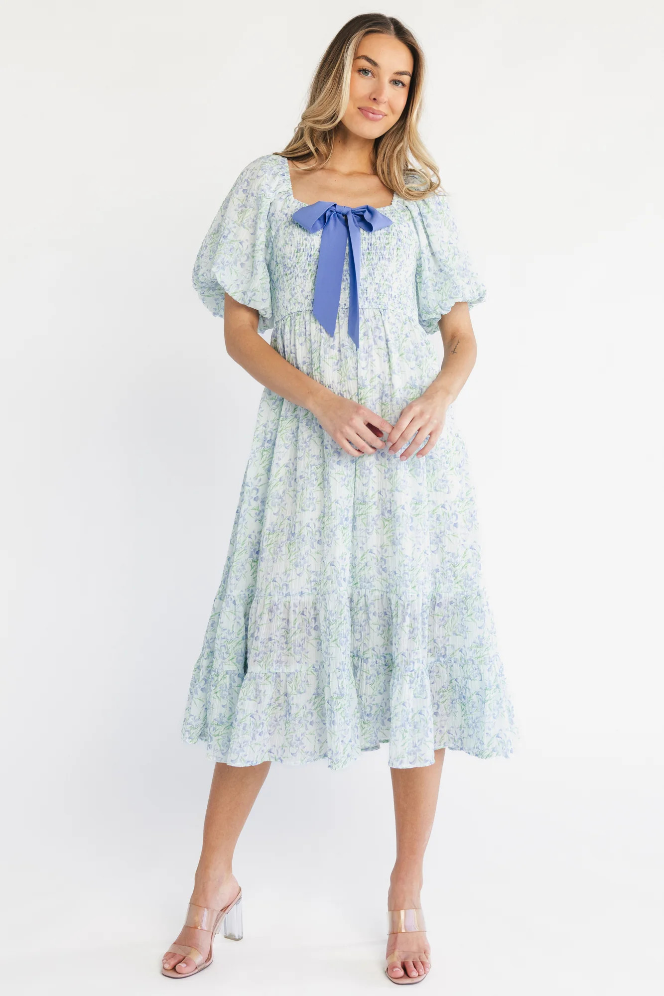 Jane Bow Midi Dress | Blue + Green Floral | Baltic Born