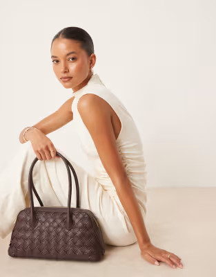 Mango faux leather woven bowling bag in dark brown | ASOS (Global)