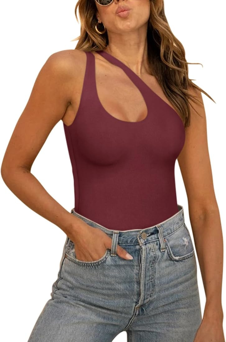 REORIA Women’s Sexy One Shoulder Cutout Front Backless Sleeveless Tank Top Bodysuits | Amazon (US)