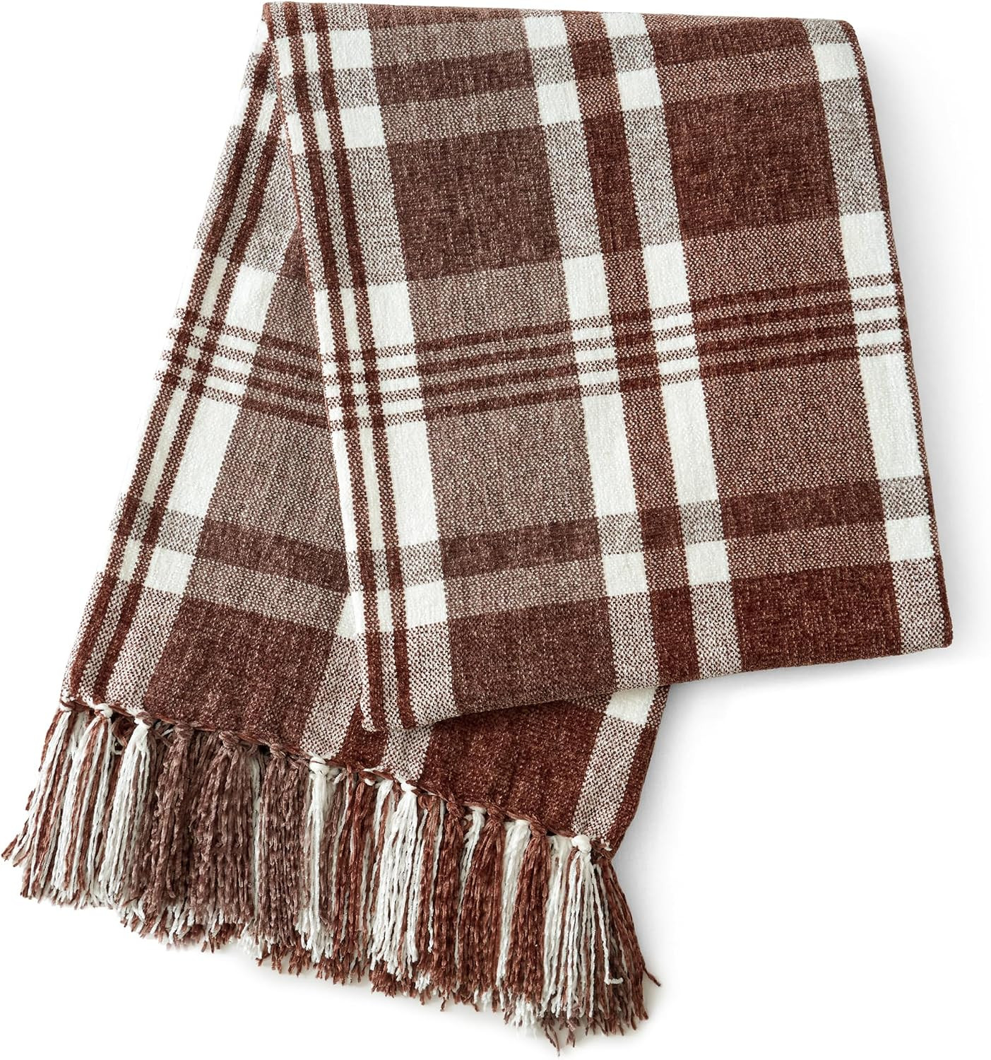 Carriediosa Chenille Throw Blanket Knotted Tassels 60x80, Dark Brown Plaid | Amazon (US)
