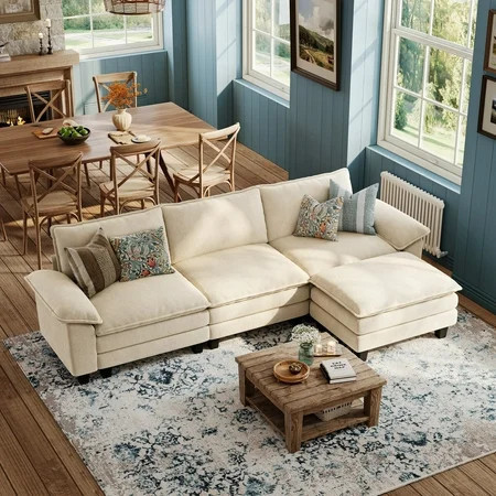 Linsy Home 123" Cloud Modular Sectional Sofa for Living Room, L-Shaped Cloud Sofa Couch with Corduroy Fabric, 3 Seat Oversized Couch with Movable Ottoman, Beige | Walmart (US)