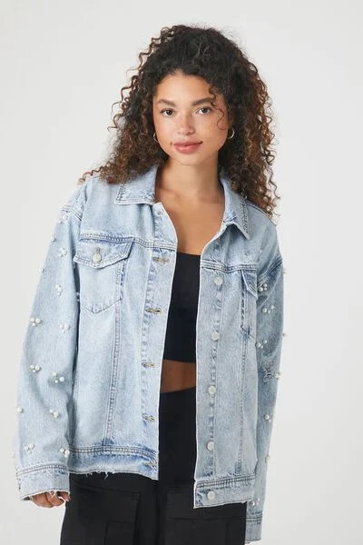Denim Faux Pearl Trucker Jacket | Forever 21