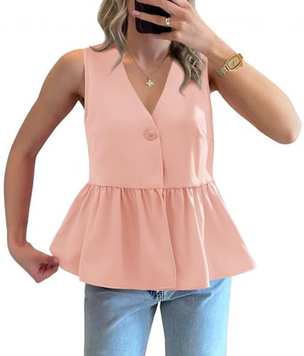 Tankaneo Womens V Neck Babydoll Tank Tops Peplum Ruffle Hem Sleeveless Shirts Summer Casual Button Down Flowy Tops Light Pink | Amazon (US)