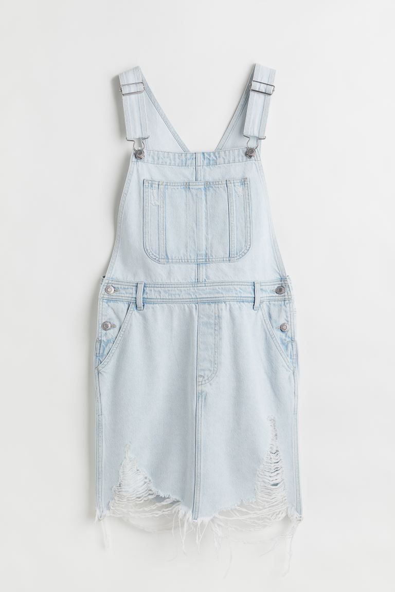 Short overall dress in thick cotton denim. Adjustable suspenders with metal fastener, seam at wai... | H&M (US)