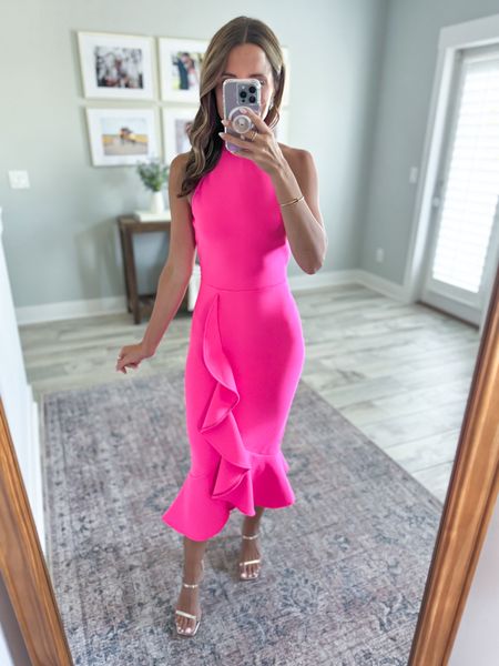 Summer wedding guest dress in XS. Fall wedding guest dress. Amazon wedding guest. Pink midi dress. Cocktail dress. Party dress. Bodycon dress. Destination wedding. Amazon gold heels are TTS. 

*Dress holds you in like shapewear but is stretchy - it’s amazing!

#LTKWedding #LTKParties #LTKTravel