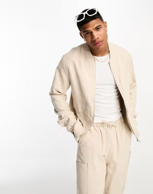 ASOS DESIGN oversized linen bomber jacket in stone - part of a set | ASOS (Global)