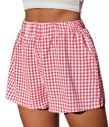CITASHION Womens Gingham Boxer Shorts Casual Summer Cotton Pajama Lounge Sleep Cute Y2K Plaid Shorts Beach Bottoms Red M | Amazon (US)