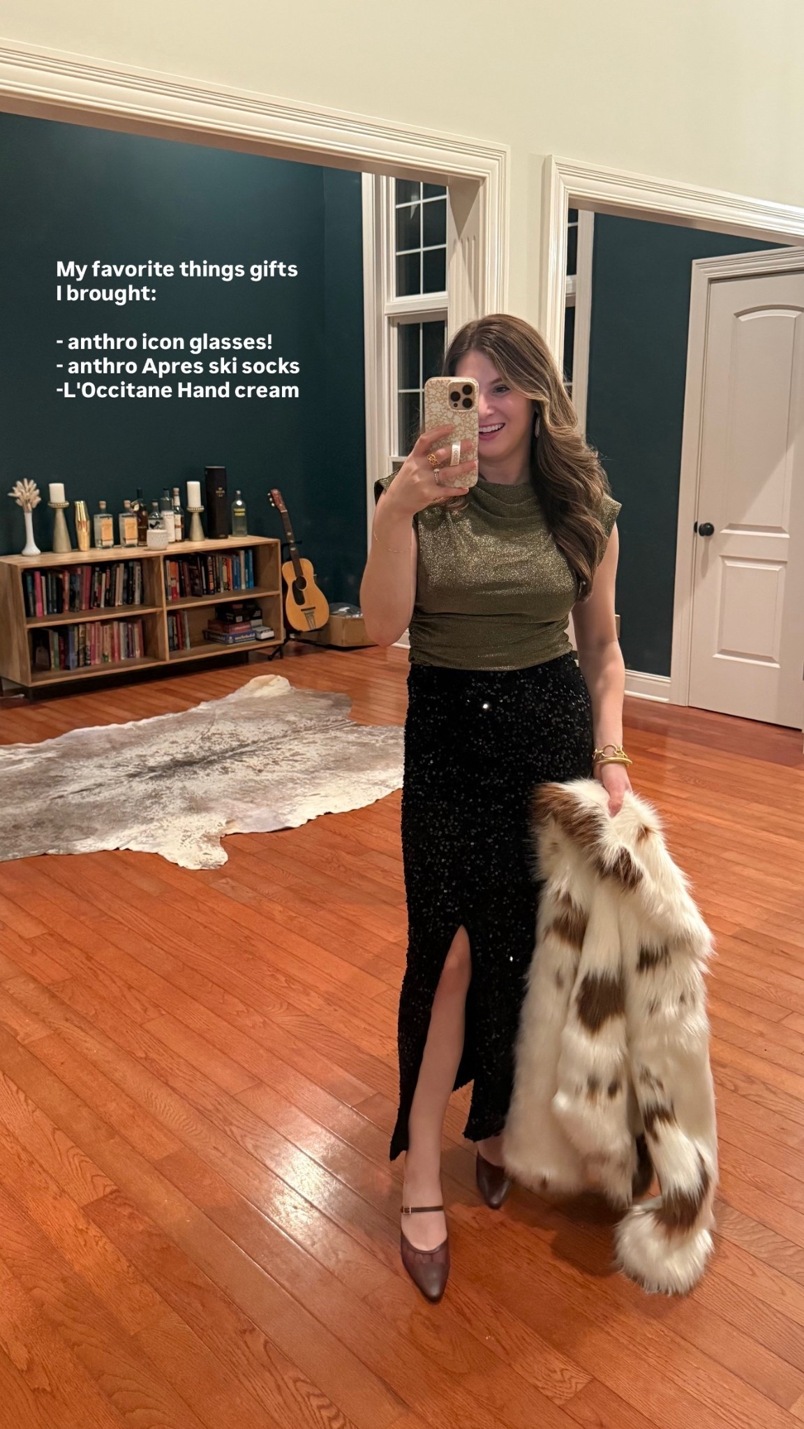 Holiday party outfit 
Sequin maxi skirt black stretchy pull on and only $16 from Walmart 
Cowboy white fur coat winter coat
Gold top not itchy vici 

Burgundy mesh heels also come in black 

Favorite things party gift ideas anthro icon glasses 

#LTKHoliday #LTKGiftGuide #LTKdayinmylife