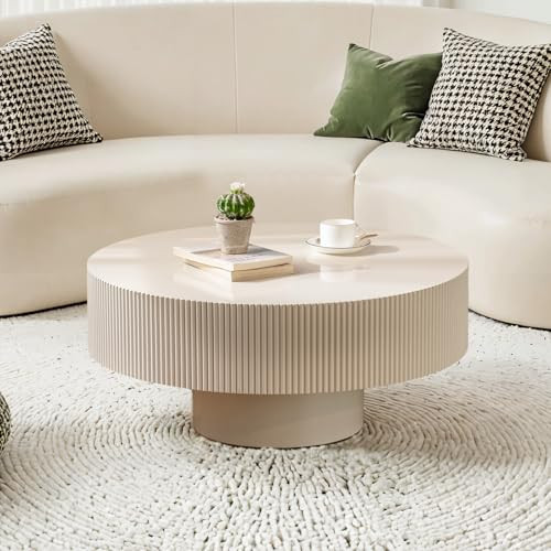 Round Fluted Coffee Table Mid Century Modern Coffee Tables with Handcrafted Relief Circle Drum End Table Rustic Industrial Center Tables for Apartment Living Room (White Round Thick) | Amazon (US)