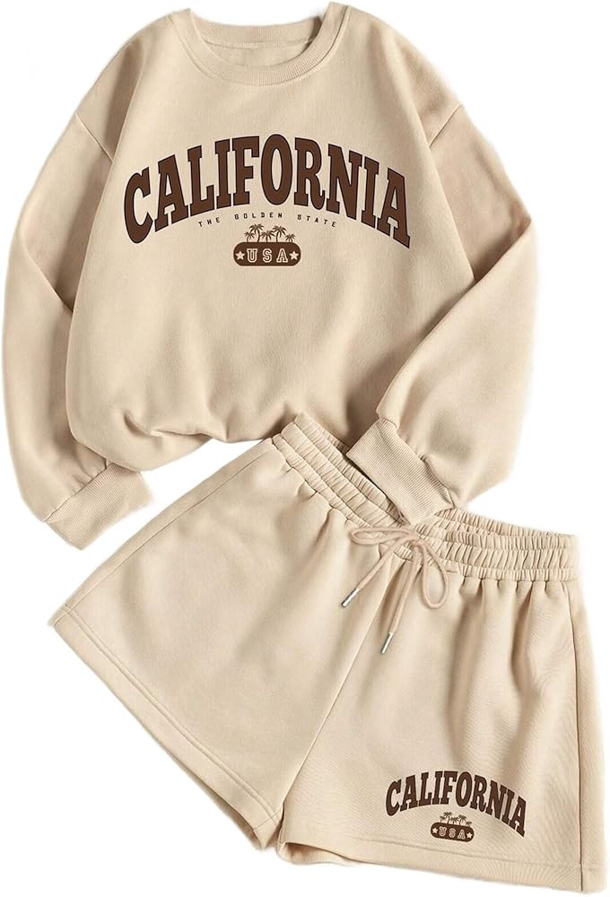 Hilinker Womens Graphic 2 Piece Outfit Long Sleeve Sweatshirt and Shorts Set Casual Sweatsuits | Amazon (US)
