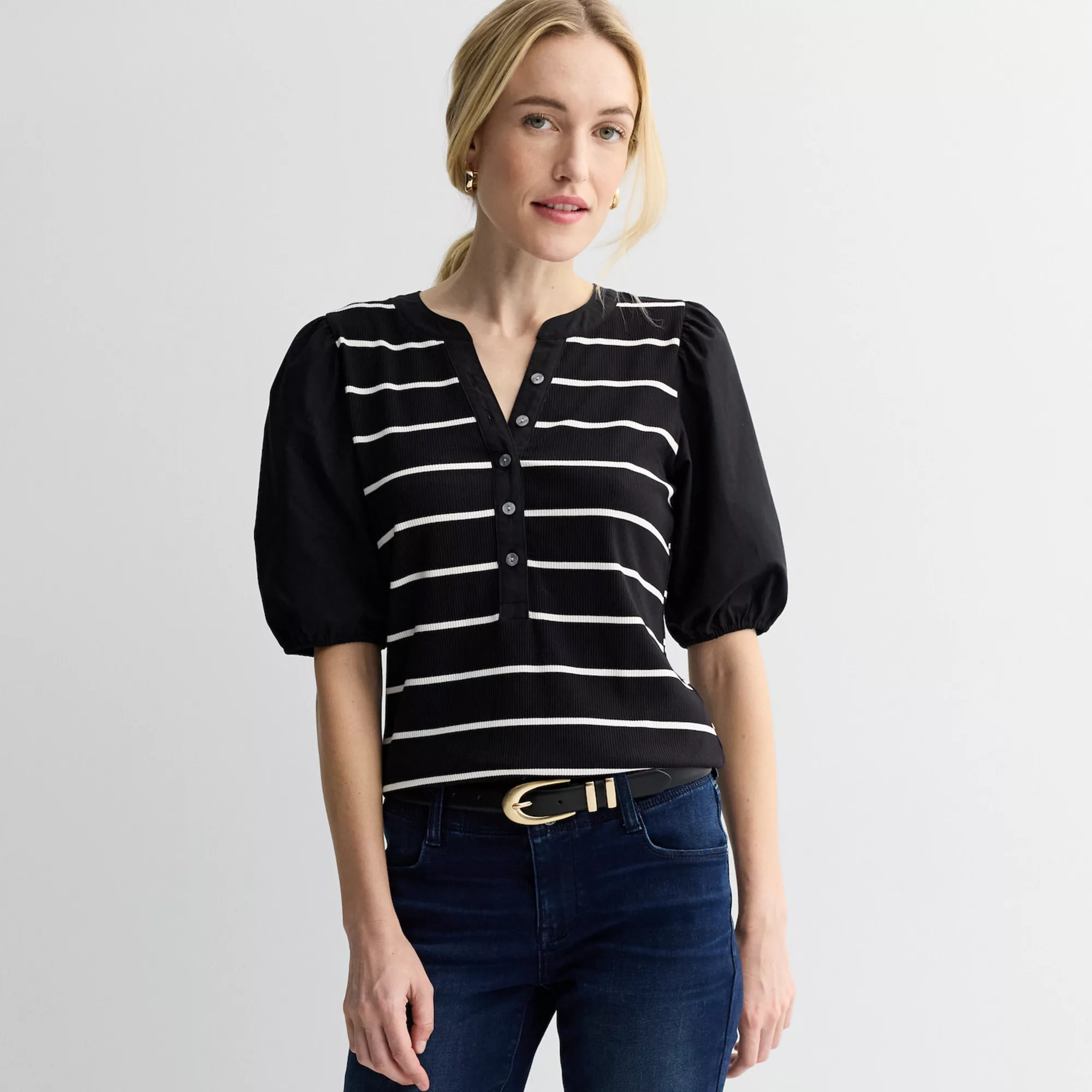 Women's Nine West Mixed Media Henley Puff Sleeve Top | Kohl's