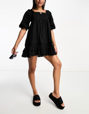 Iisla & Bird beach pin tuck volume eyelet mini beach summer dress in black  | ASOS | ASOS (Global)