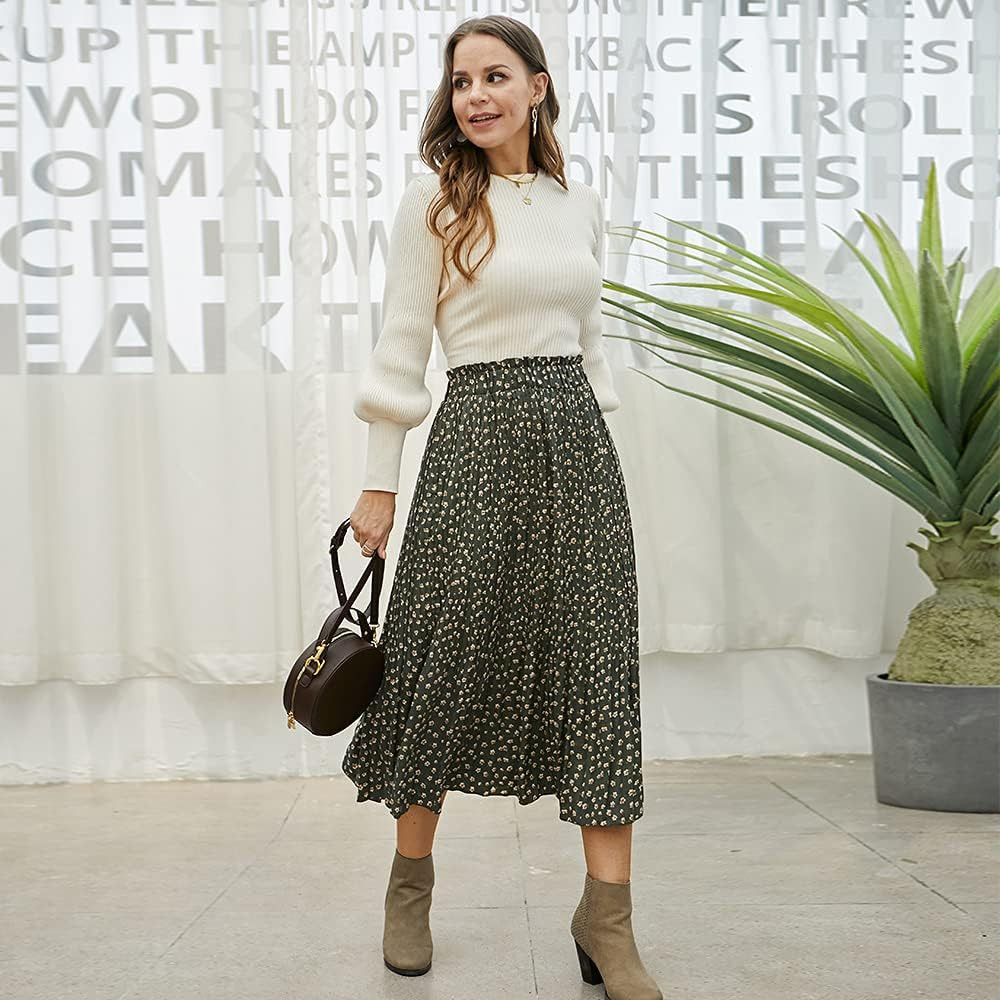 EXLURA Womens High Waist Polka Dot Pleated Skirt Midi Swing Skirt with Pockets | Amazon (US)