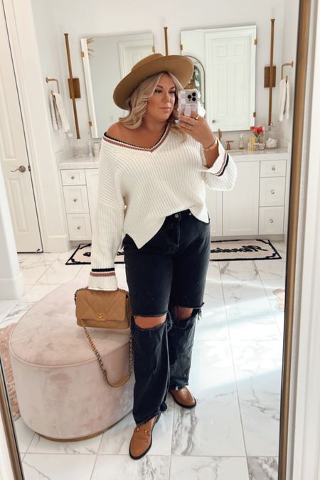 curvy fall outfit! wearing size xl in thick cream v neck sweater and size 32 in black distressed straight leg denim 

#LTKcurves #LTKSeasonal #LTKunder100