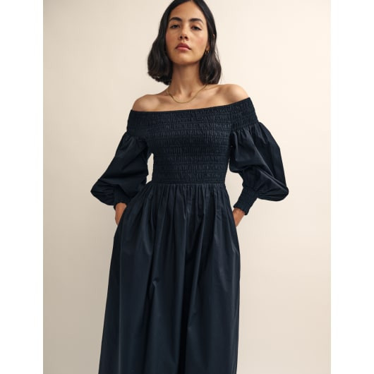 Black Long Sleeve Bardot Amanda Midi Dress | Nobody's Child
