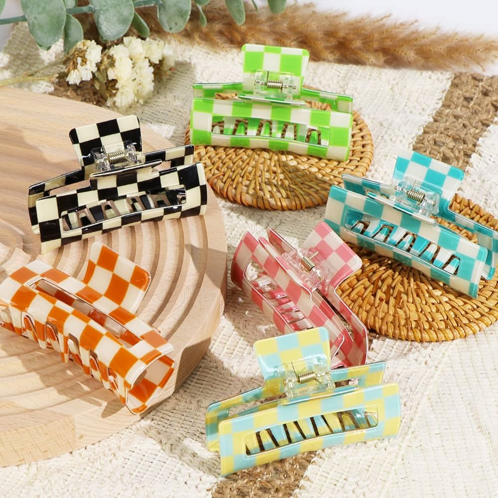 6 Pack Checkered Hair Claw Clips,3.1", Multicolored Square Medium Hair Clips, Non-Slip Claw Clips... | Amazon (US)