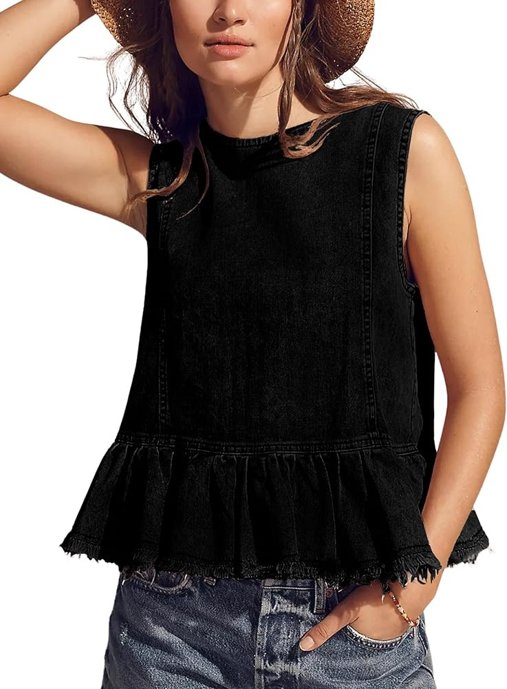 Huaqiao Womens Summer Sleeveless Denim Tops Button Back Crew Neck Jean Vest Ruffle Hem Y2K Tank T... | Amazon (US)