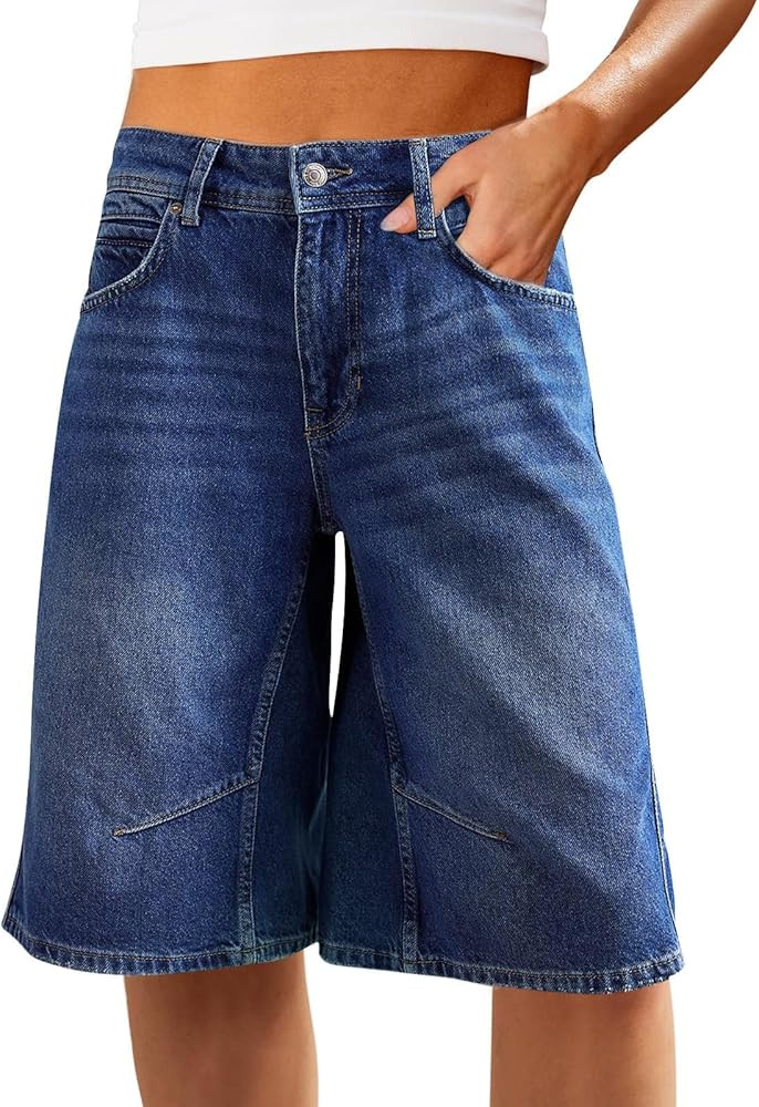 Bermuda Jean Shorts for Women Baggy Mid-Rise Denim Y2K Short Casual Summer Trendy Jorts with Pock... | Amazon (US)