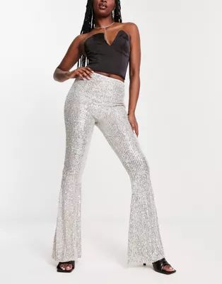 ASOS DESIGN extreme flare sequin pants in silver | ASOS (Global)