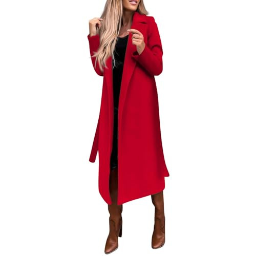 WHHFOOH Trench Coat Women Womens Notched Collar Wool Blend Trench Coats Midi Long Overcoat Thicken Warm Elegant Belted Pea Coats Solid Color Jackets Outerwear Red 3X | Amazon (US)