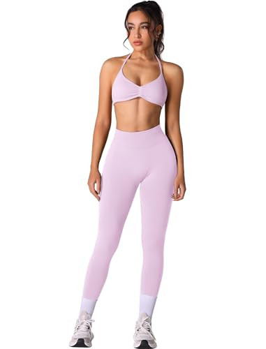 ABOCIW Pink Workout Sets for Women 2 Piece Seamless Scrunch Butt Lifting High Waist Impact Gym Leggings Matching Halter Sports Bra Active Wear Yoga Outfits #1 Pink Large | Amazon (US)