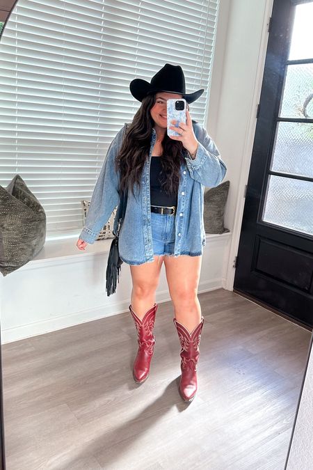 Canadian tuxedo. Western outfit. Country concert outfit. Red cowboy boots. Denim on denim. Western belt. Wide calf boots. Fringe purse. Western purse 

Hat is from Stetson!

#LTKSeasonal #LTKstyletip #LTKFestival