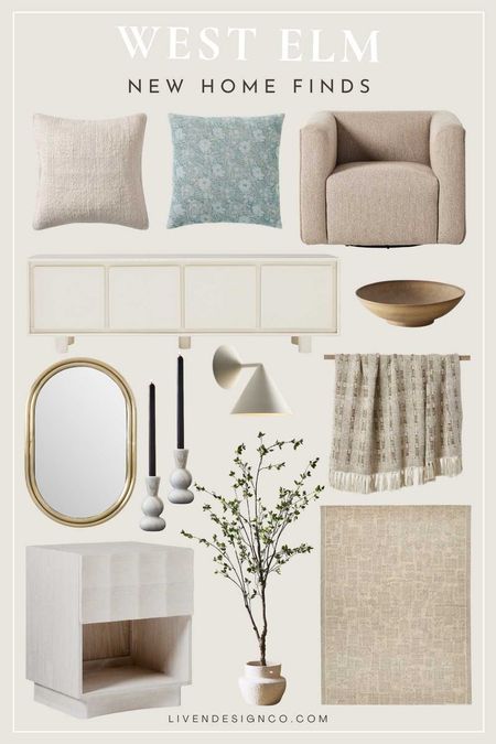 West Elm new home finds. modern decor. interior. neutral decor. throw pillow.  throw blanket. whitewash carved nightstand. oval wall mirror. curved swivel chair. serving bowl. decorative bowl. potted faux tree.  marble taper candle holders. white wall sconce. sideboard. entertainment cabinet. neutral patterned area rug. woven rug. 

#LTKSeasonal #LTKhome #LTKstyletip