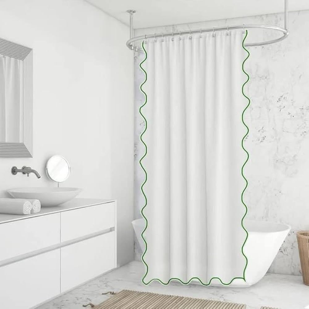 White with Green Scalloped Border Shower Curtains 72" x 84" Rustic Shower Curtain or Modern Showe... | Amazon (US)