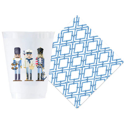 Bundle: Coastal Nutcrackers Shatterproof Cups and Blue Bamboo Trellis Cocktail Napkins | WH Hostess Social Stationery