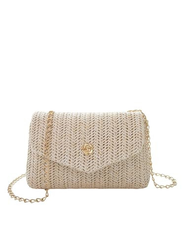 OYOANGLE Women's Rhinestone Chain Straw Woven Cross Body Handbags Summer Beach Travel Shoulder Bags Beige One-Size | Amazon (US)