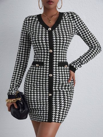 Houndstooth Button Up Bodycon Dress | 1Sansome