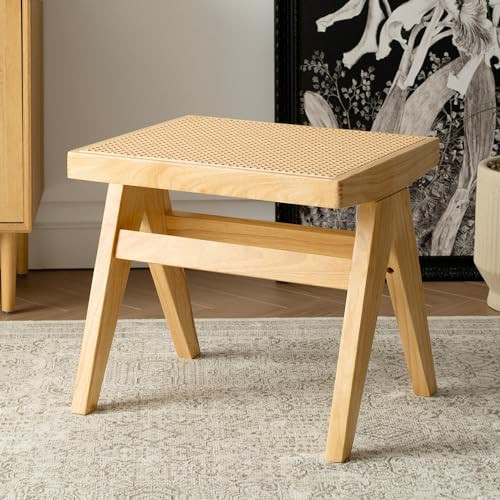 Wood Stool, 18" Dining Stool with Rattan Seat, Rectangle Modern Ottomans with Wood Legs, Dressing... | Amazon (US)