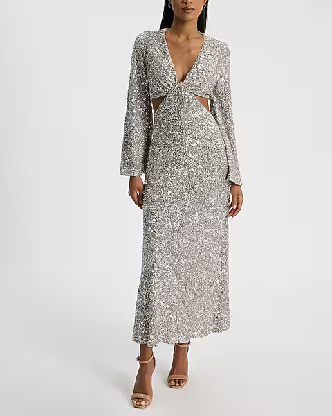 Sequin Long Sleeve Cutout Twist Front Midi Dress | Express