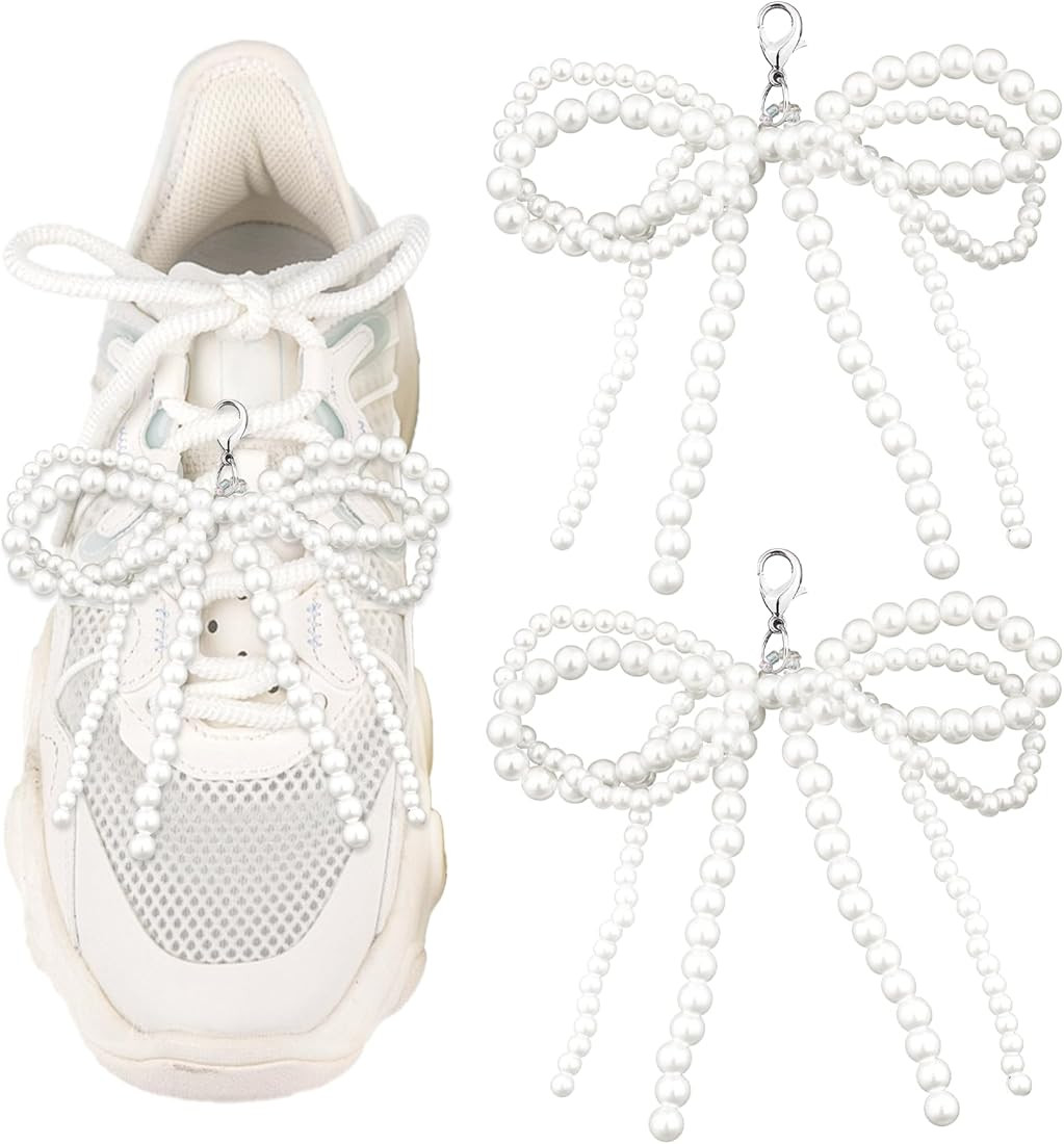 2PCS Shoelace Charm Pearl Bowknot Sneakers Laces Clips DIY Beaded Chain Shoe String Buckle Charms... | Amazon (US)