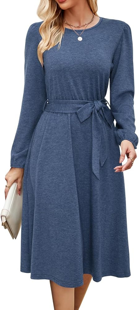 Newshows Womens 2024 Fall Long Sleeve Dress Casual Crewneck Belted A Line Flowy Midi Business Wor... | Amazon (US)