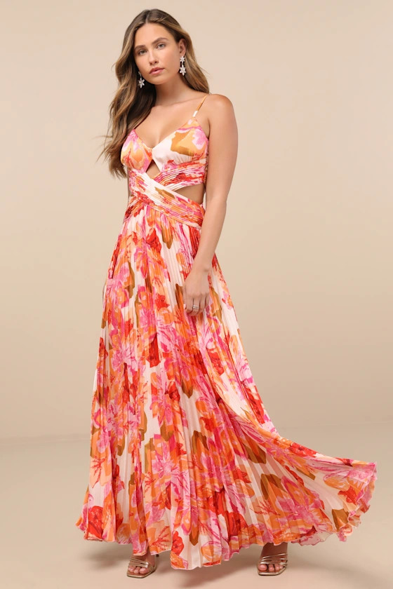 Lylee Pink Multi Floral Satin Pleated Maxi Dress | Lulus