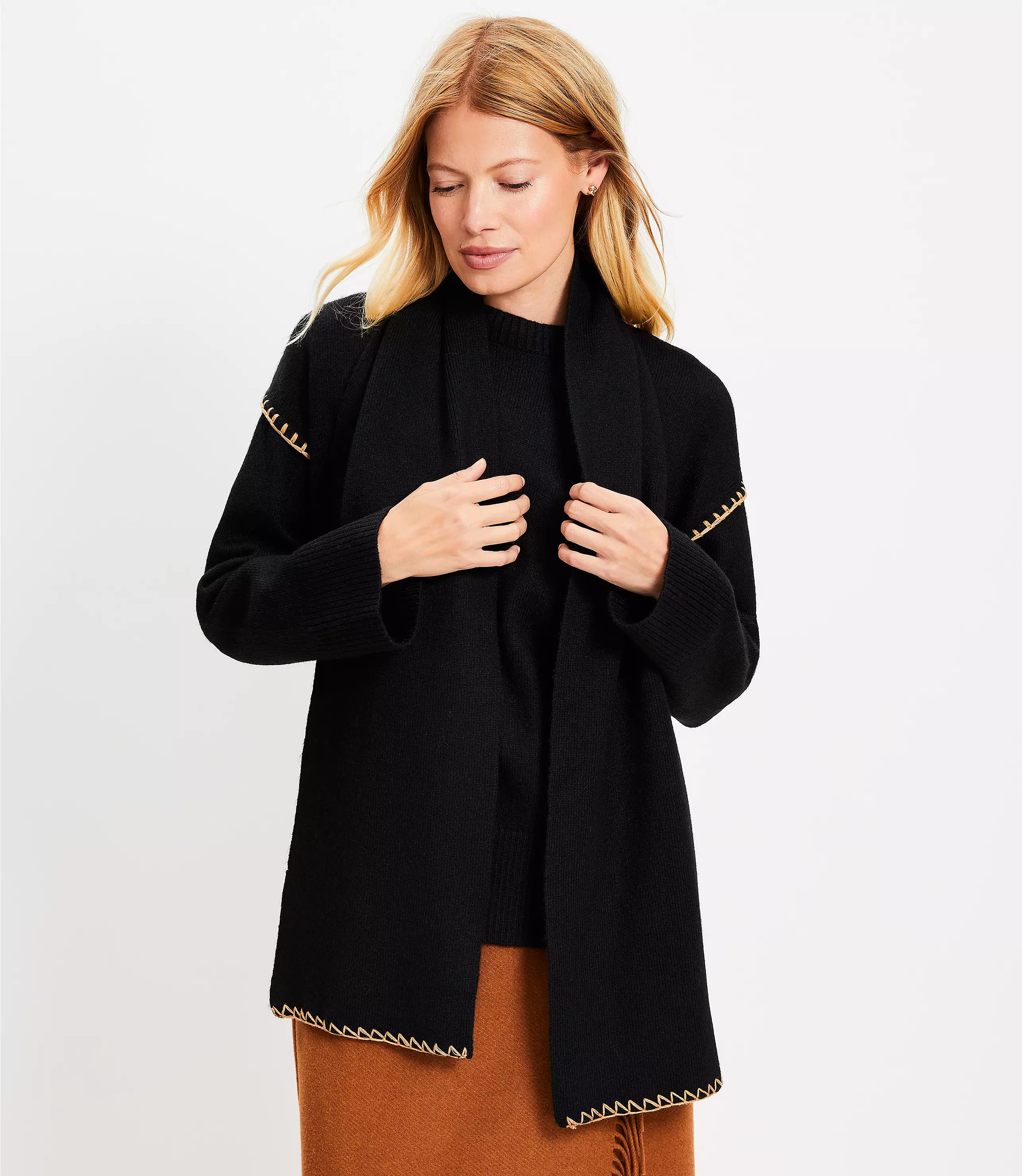 Stitched Trim Removable Scarf Sweater | LOFT