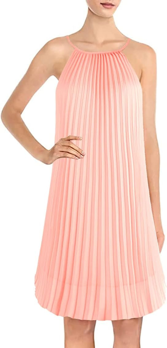 Ellames Women's Summer Spaghetti Strap Pleated Casual Swing Midi Dress with Belt | Amazon (US)