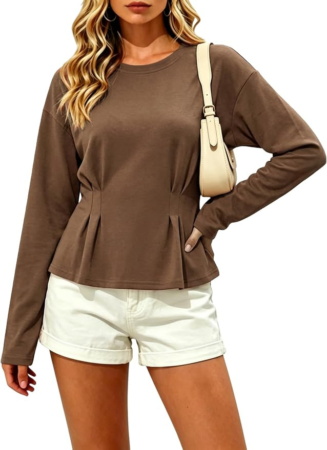 Hongsui Women's Babydoll Tops Long Sleeve Shirts Waist Pleated Peplum Blouses Loose Fit Flowy Tsh... | Amazon (US)
