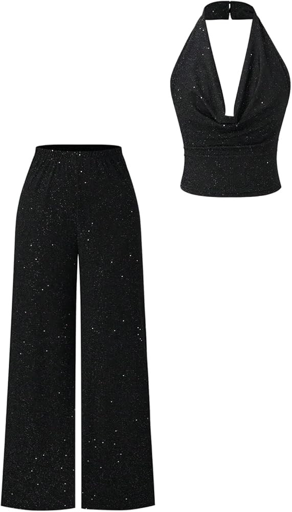 Verdusa Women's 2 Piece Sparkly Outfits Drape Neck Backless Crop Halter Tops with Wide Leg Pants | Amazon (US)
