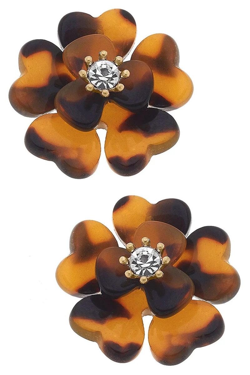 Pixie Resin & Rhinestone Flower Stud Earrings in Tortoise | CANVAS