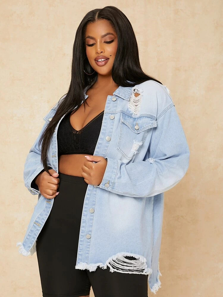 SHEIN SXY Plus Ripped Raw Cut Drop Shoulder Denim Jacket | SHEIN
