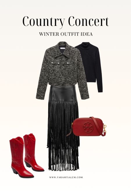 Country concert outfit idea for when its cold 🥶 🤠 
Skirt with Fringes, red cowboy boots, western style outfit

#LTKSeasonal