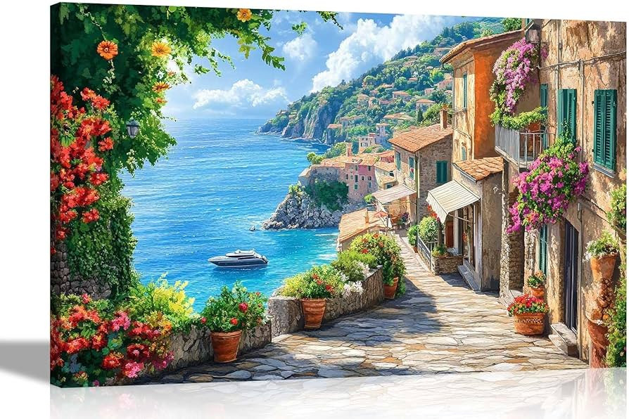 Artley Prints - Mediterranean Seascape View Oil Painting Re-Print Landscape Canvas Prints Wall Ar... | Amazon (UK)