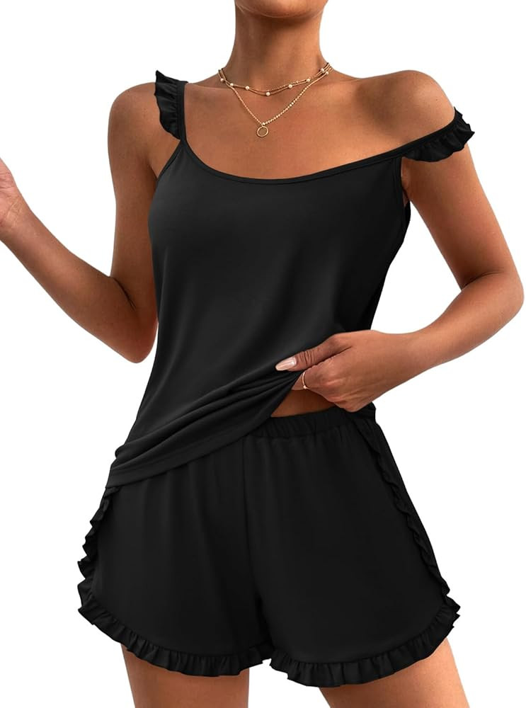 JUSTFASHIONNOW Womens Ruffle Cami Pajamas Sets Shorts Summer Lounge Sets Soft Camisole Lingerie 2... | Amazon (US)